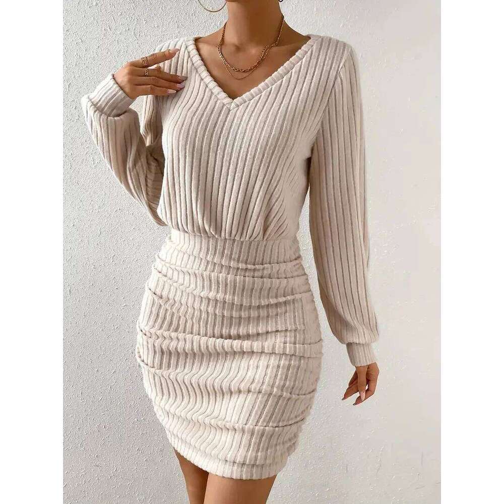 Women's Autumn Winter Knitted Sweater Mini Dress Female Casual Solid Wrap V-neck Long Sleeve Warm Bodycon Short Dresses Robe Z260311