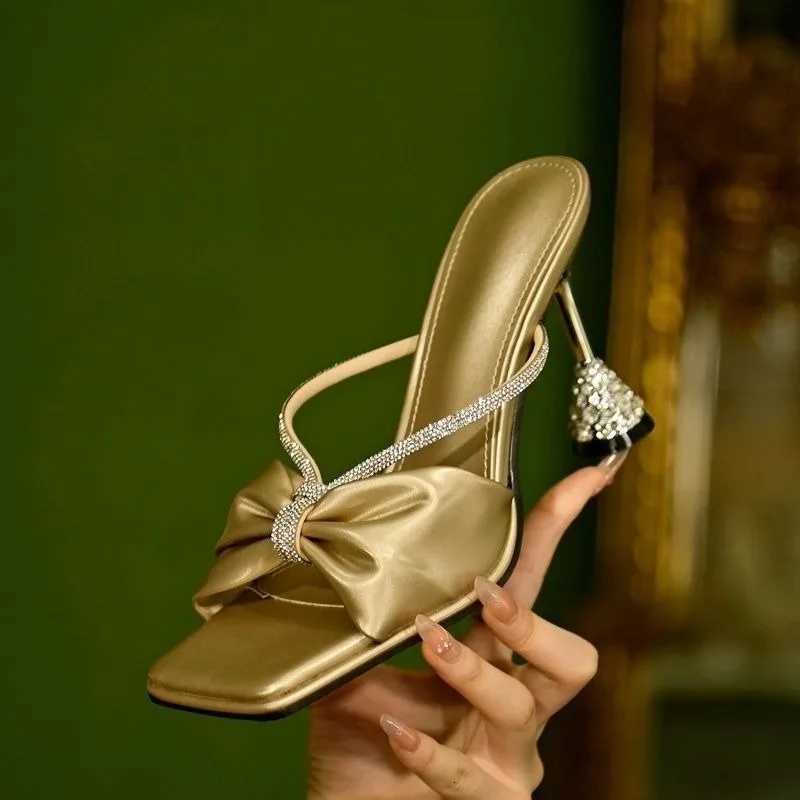 Satin Heeled Womens Shoes Summer New Square Toe Open Toe Bow Rhinestone Anti-slip Wear-resistant Outer Wear K260311