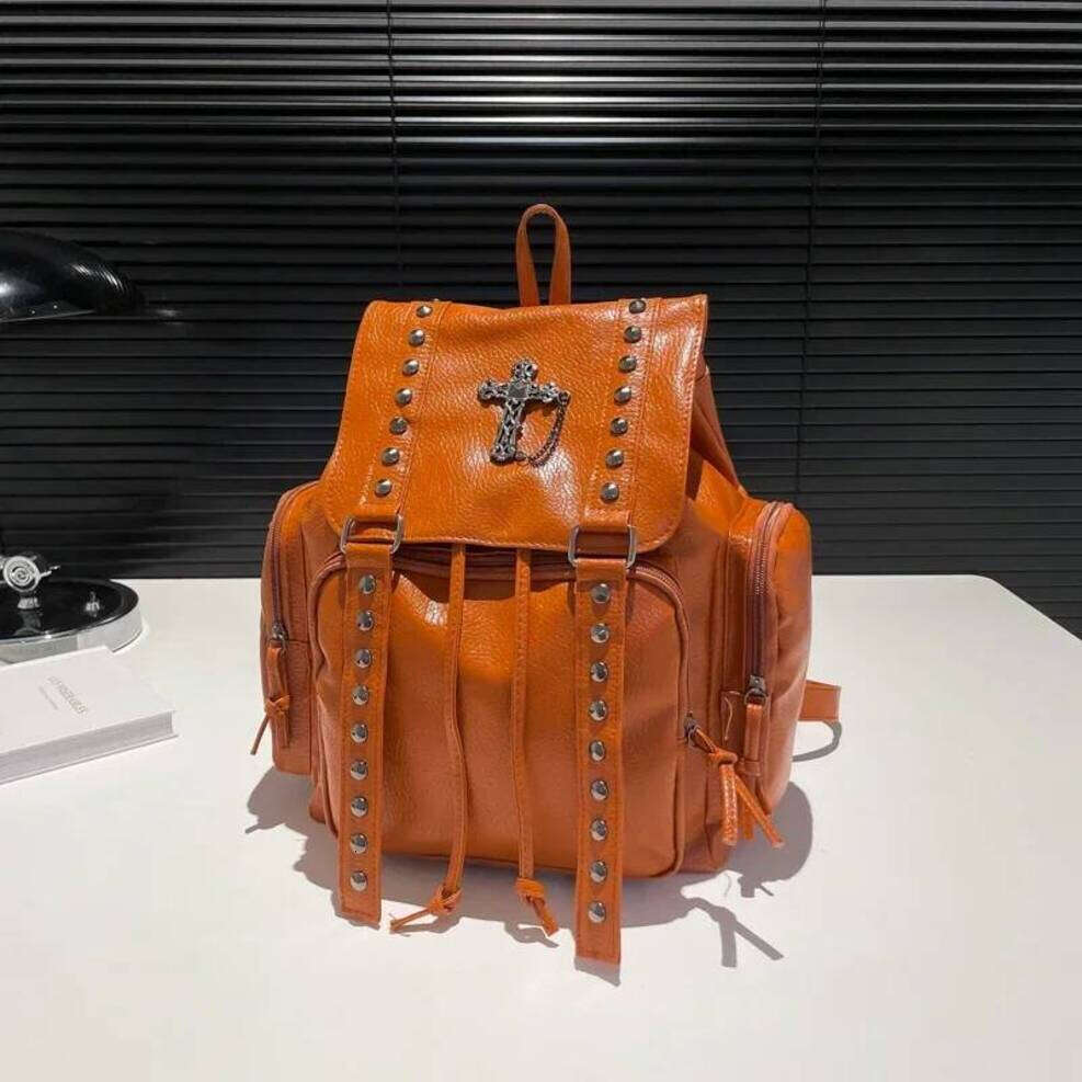 OLOEY Rivet Y2k Backpack Women Gothic Punk PU Leather Shoulder Ladies Vintage Harajuku Backpacks College Large Capacity School Bag
