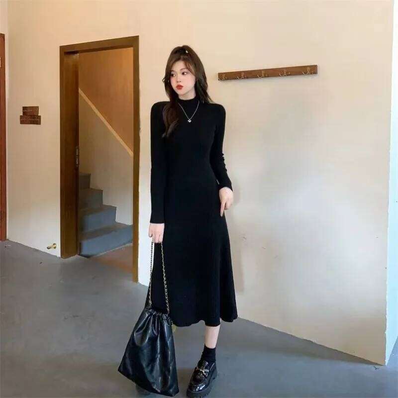Autumn Winter Thickened Bottoming Knitted Dress Slimming Above the Knee Matching Coat Half-turtleneck Sweater Skirt Z260311