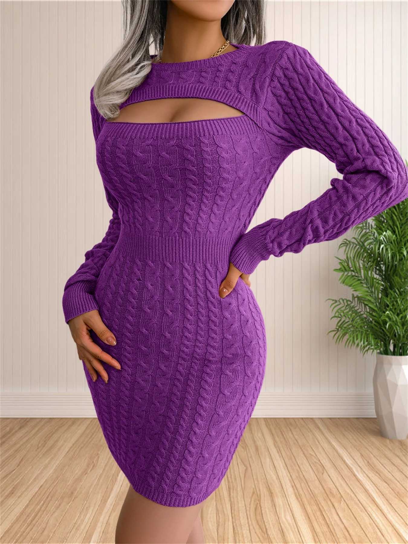 Womens Sexy Backless Cable Knit Sweater Dress Long Sleeve Bodycon Midi Dresses for Fall Winter M260311