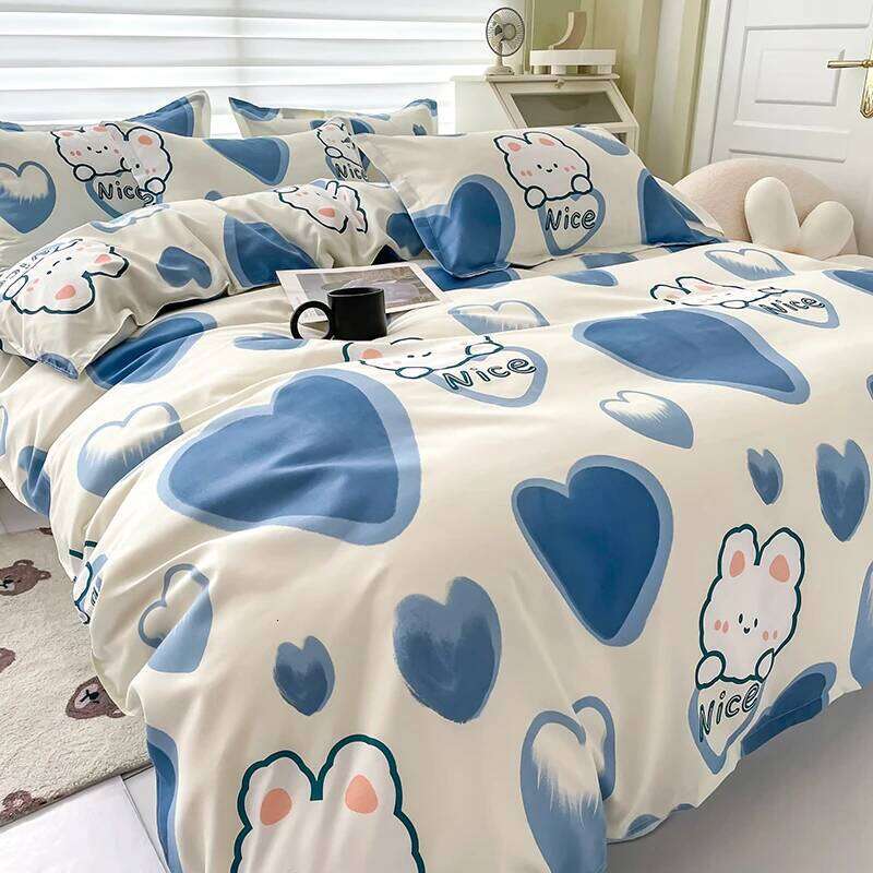 Blue Love Duvet Cover Heart Shaped Cute Rabbit Print Bedding Sets for Women Girls Teens Bed Set Flat Sheet Reversible Covers H260311