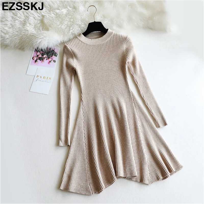 CHIc Autumn Winter blaCK Sweater Dress Women o-neCK Long Sleeve A Line THiCK Knit mini Dress female short bodycon dress M260311