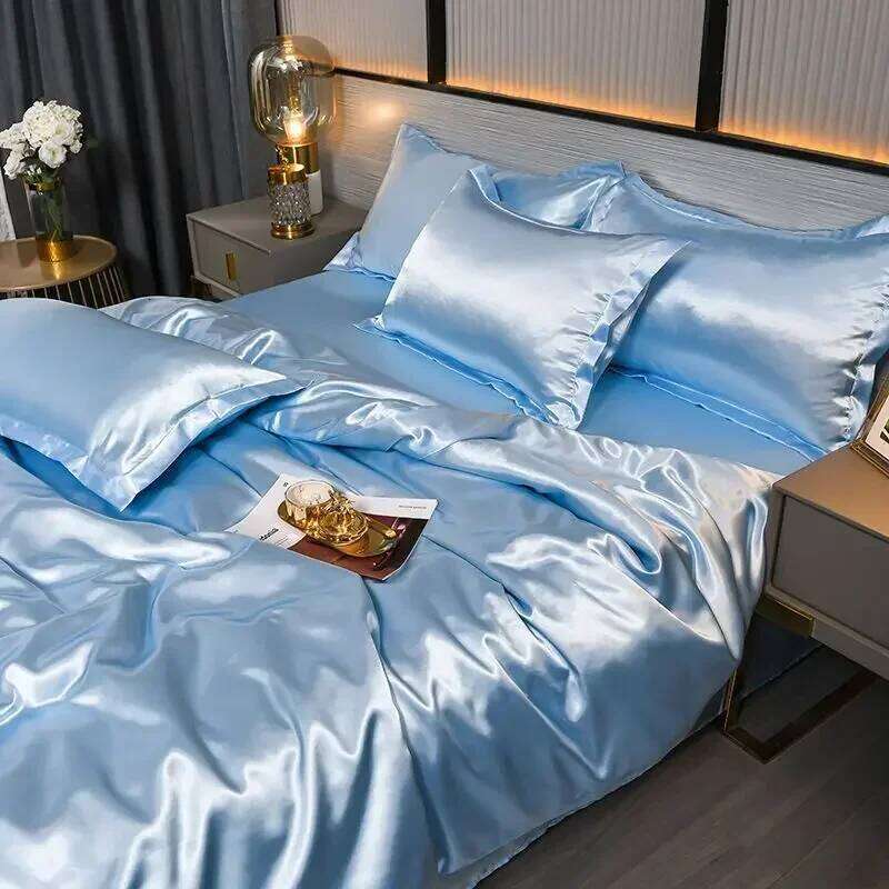 Nordic Satin Silk Bedding Set with Duvet Cover Bed Sheet Pillowcases Solid Single Double Couple Pillow Case Bedsheet H260311