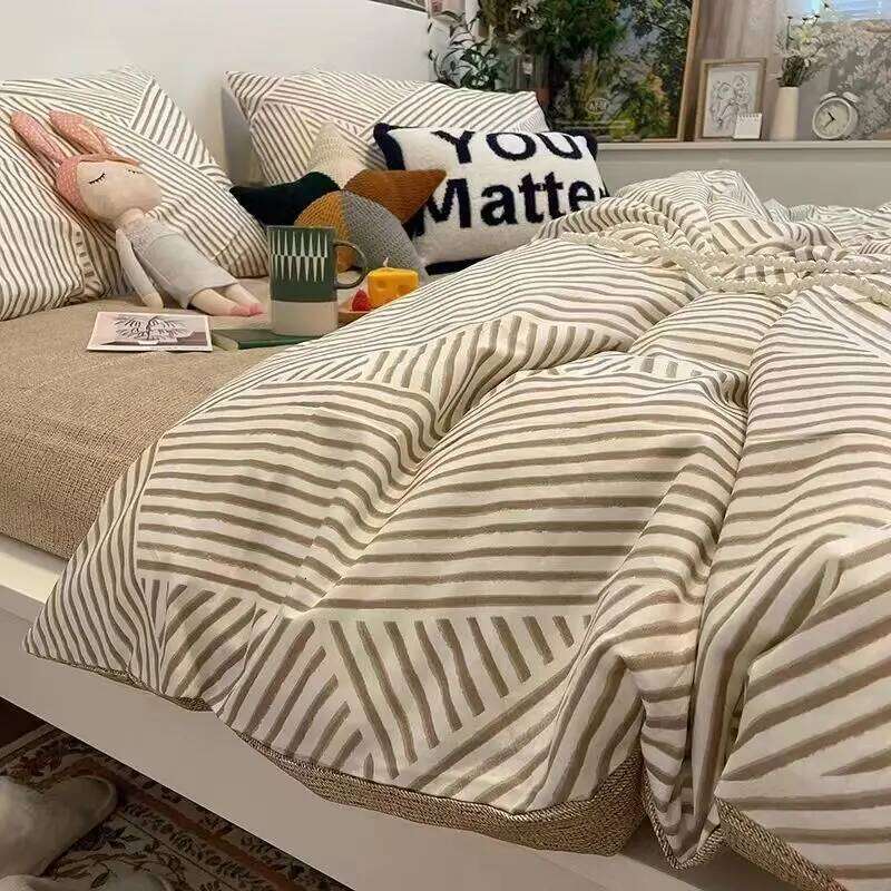 Korean Style Fashion Bedding Set Kids Adults Twin Full Queen Size Flat Sheet Duvet Cover Pillowcases Stripe Grid Bed Linen H260311 - view 7