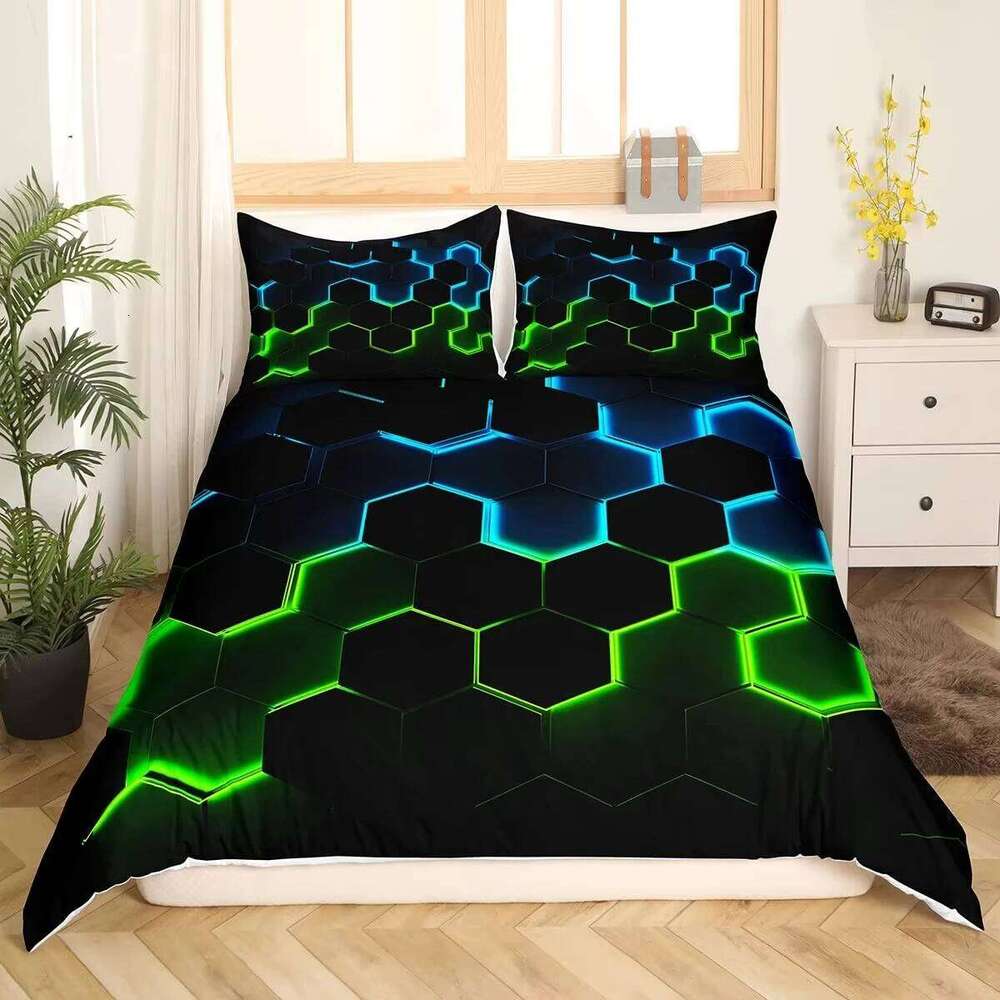Black Geometric Duvet Set 3D Square Pattern Comforter Cover Kids Teenagers Boys Bedroom Decor Blue Creative Bedding H260311