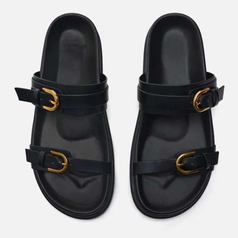 Woman Black Flat Slingback Shoes Female Summer Straps Round Toe Shoes 2025 Womens Sandals Metal Flat Sandals K260311