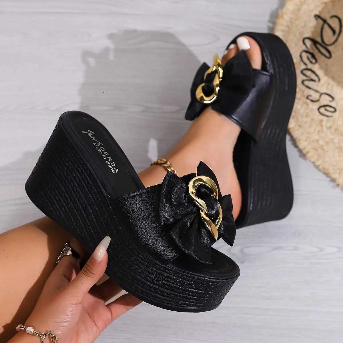 Womens platform sandals bow-adorned stylish chain-decorated wedge sandals womens platform summer slippers K260311