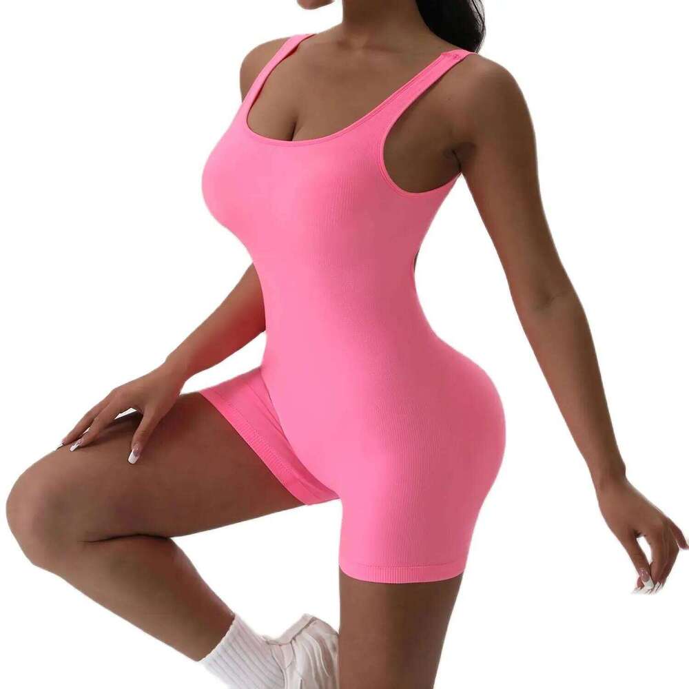 1PCS less Yoga Suit U Neck Sleeveless Sports Jumpsuit Solid Colour Threaded Stretch Women Bodysuit Without Bust Pads 26H0311