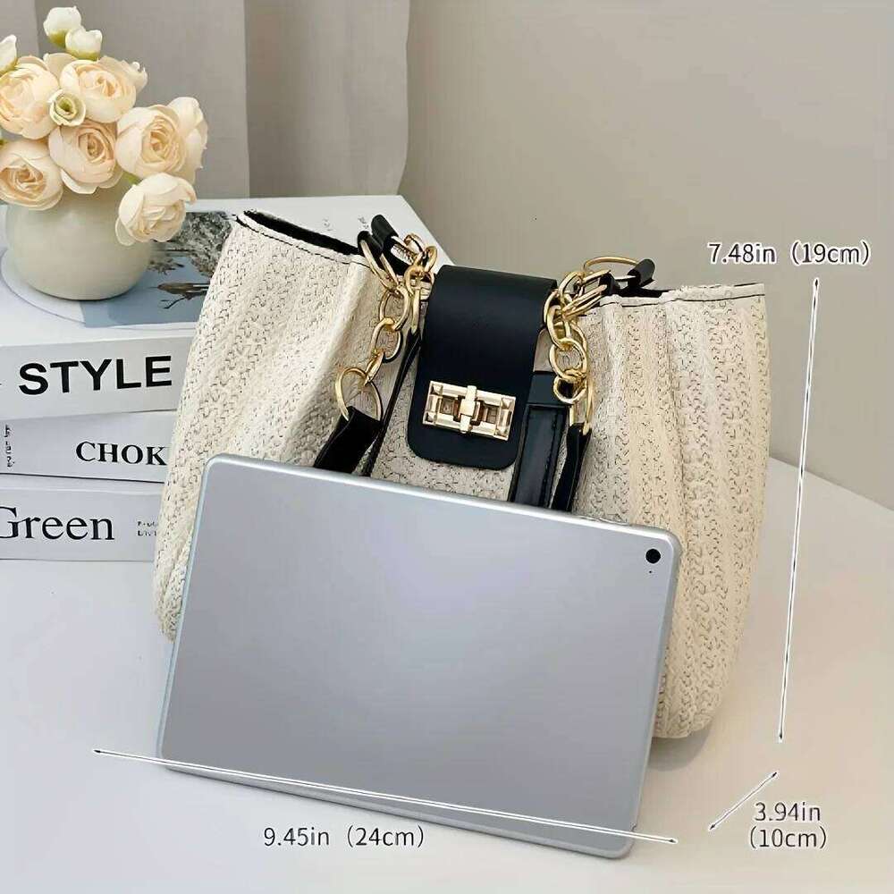 Chic Hand Straw Woven Tote Stylish Women Handbag with Chain Leather Shoulder Strap Fashion Shopping Travel Bag XJ260311