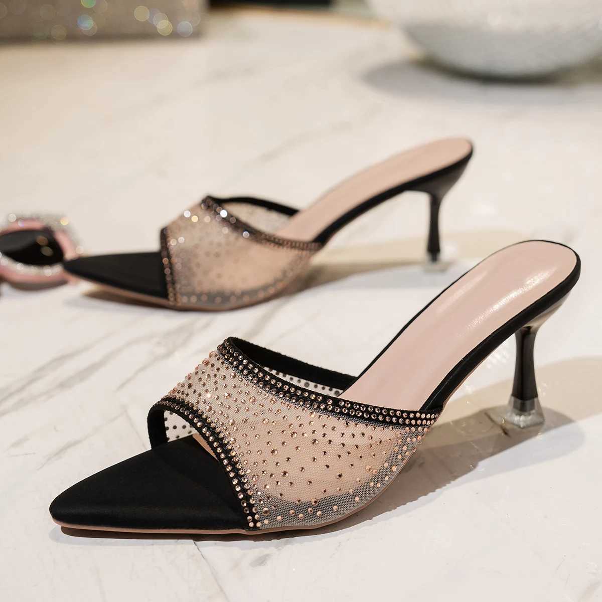 2025 Summer New Womens High-heeled Sandals Stiletto RhinESTone Sexy Pointed Toe Open Toe Dress Slides K260311