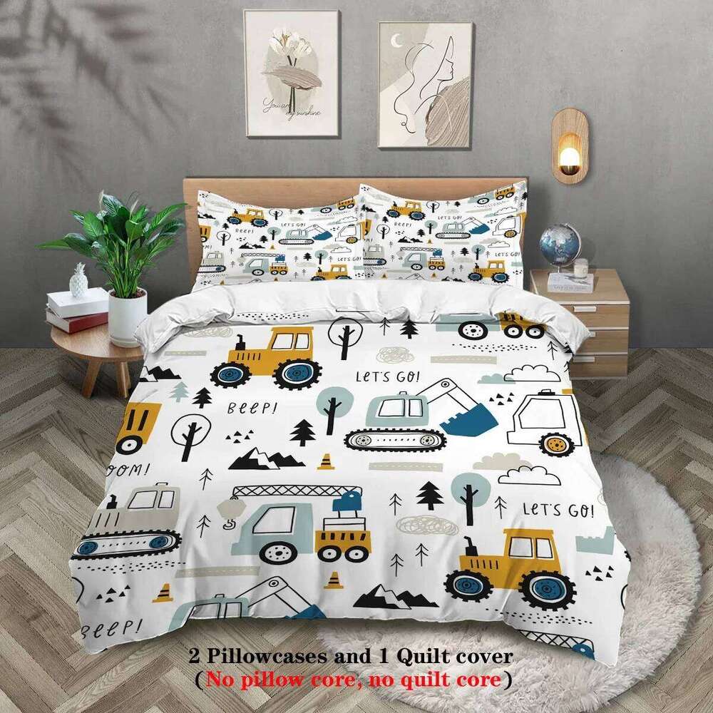 Three-piece set 1 duvet cover + 2 pillowcases, coreless, cartoon engineering vehicle element print bedding set, multiple sizes H260311