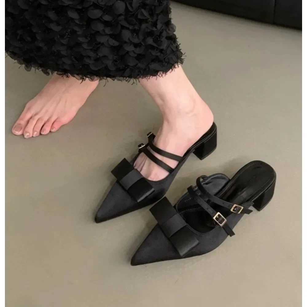 New Silk Bowknot Pointed Toe Women Sweet Elegant Mid Heel Slingbacks Shoes Female Slides Fashion Designer Sandals K260311