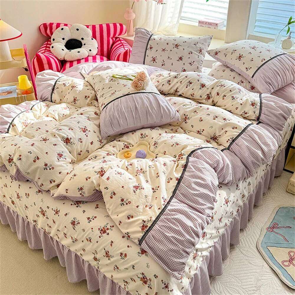 Korean Comforter Bedding Washed Cotton Four-Piece Princess Printed Soft Bed Linen Duvet Set Floral Quilt Cover H260311