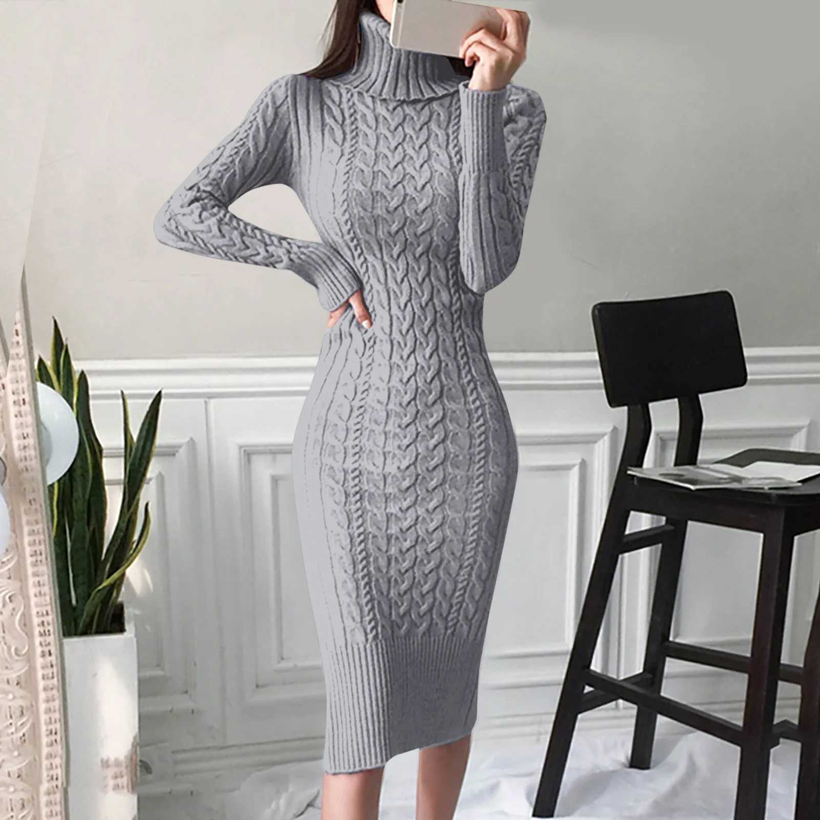 Autumn and Winter Womens Long Sleeve Turtleneck Sweater Dresses Warm Knitted Bodycon Pullovers Jumper Dresses Vestidos Largos M260311