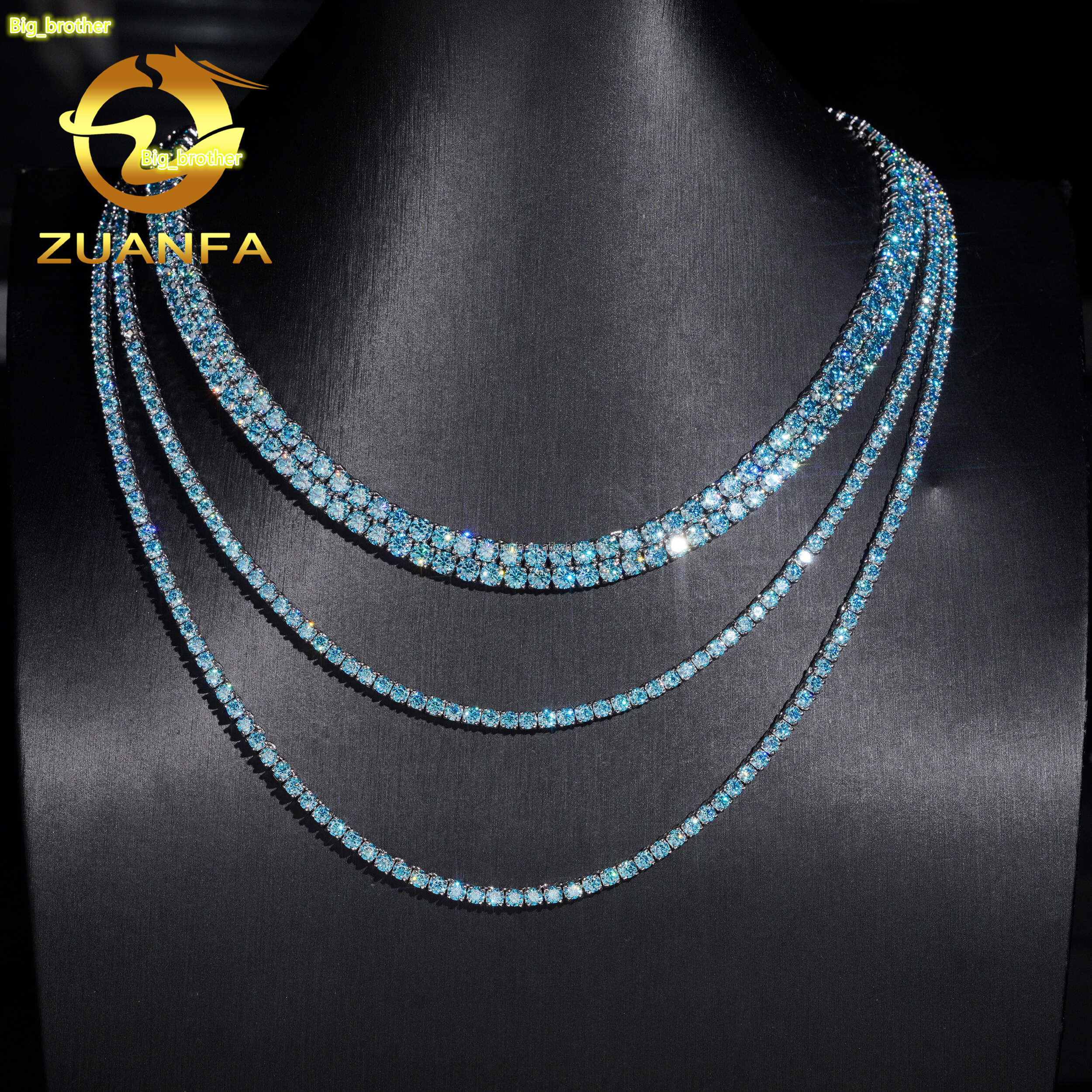New Design Stock 3mm 4mm 925 Silver Hip Hop Iced Out GRA Certificate Blue Moissanite Diamond Cluster Tennis ChainBracelet