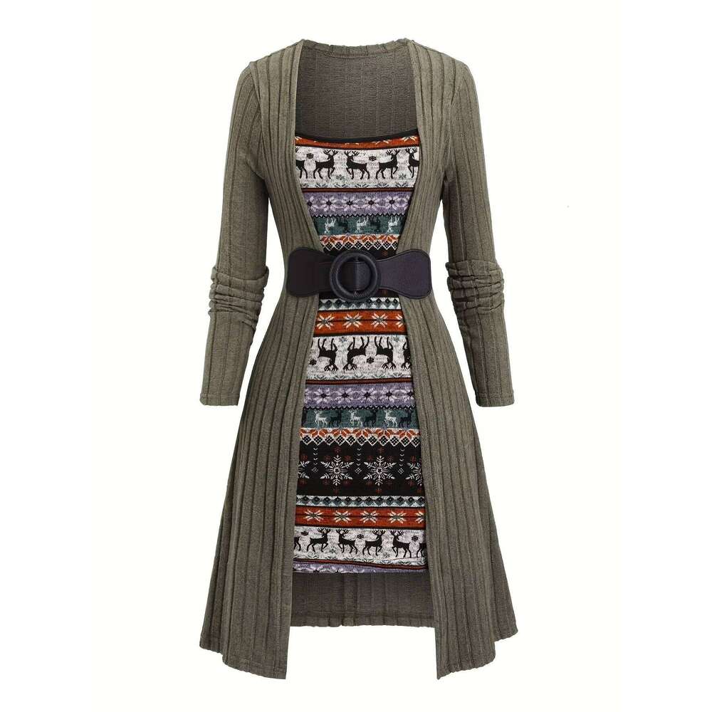 European American fashion women's snowflake and Christmas elk printed stitching buckle rib knit dress Z260311