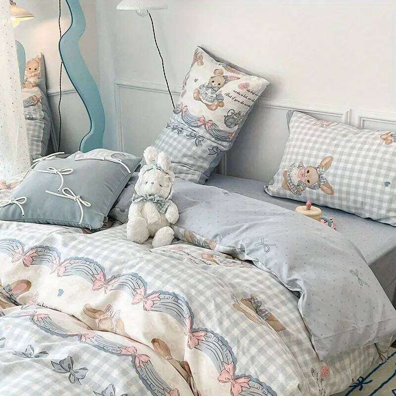 Cute Cartoon Bedding Set New No Filler Ins Soft Duvet Flat Sheet Pillowcases Twin Queen Size Girls Boys Comforter Cover H260311