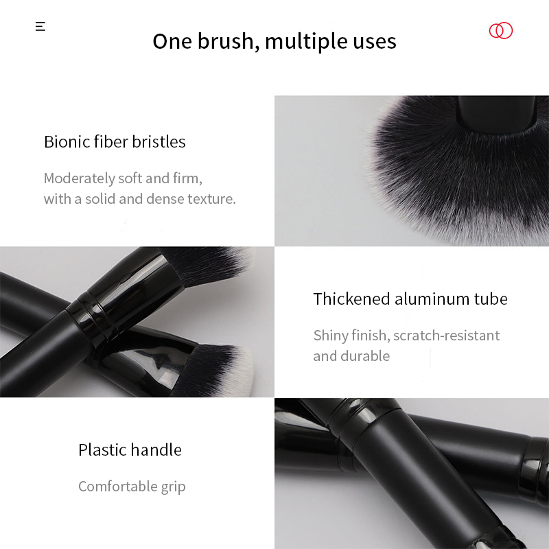 6Pcs Double-ended Multifunctional Makeup Brush & Puff Set, Black & Silver Premium Synthetic Bristles, Solid Wood Handle, Portable Dual-sided Brush, Al