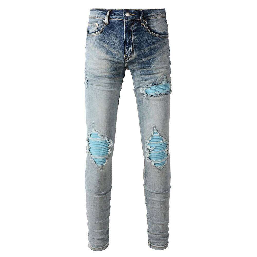 Men Sky Blue Velvet Patch Stretch Denim Jeans Pleated Patchwork Ripped Biker Pants Holes Distressed Skinny Tapered Trousers Z260225