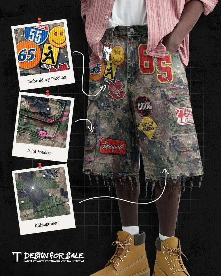 Retro Blue Streetwear Patchwork Short Y2k Jeans Men Women Hip Hop Cartoon Graphics Loose Camo Denim Fitness Casual Shorts