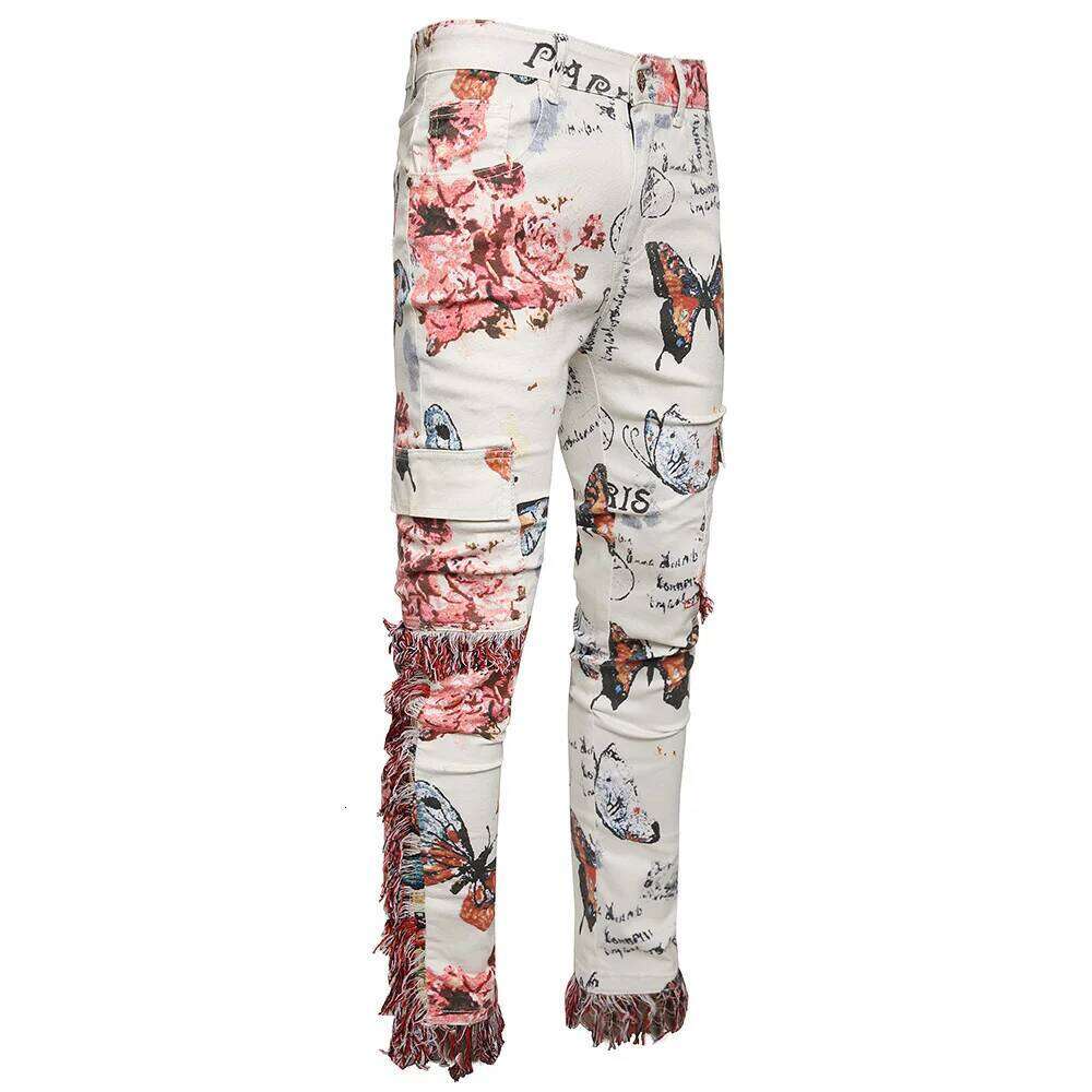 Men Butterfly Print Denim Jeans Flower Pattern White Stretch Cotton Slim Pants Tassels Multi Pockets Cargo Trousers Good Quality Z260225