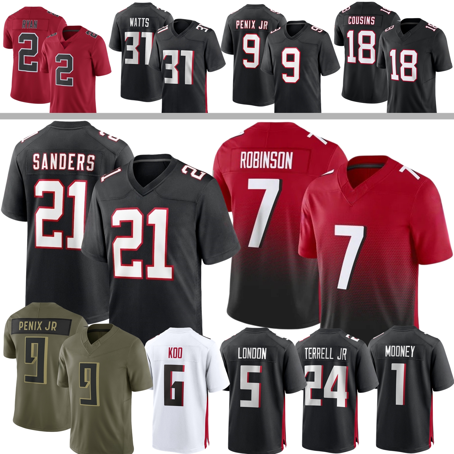 Atlanta Football Jersey Falconses Deion Sanders Bijan Robinson Tua Tagovailoa Kyle Pitts Kirk Cousins Leonard Floyd Jessie Bates A.J. Terrell Koo London Penix Jr. 4XL