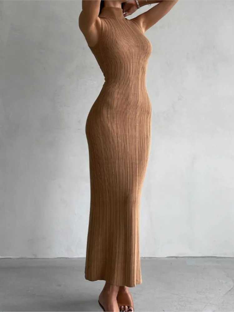 Solid Color Stripe Knitted Slim Long Dresses Women Sleeveless Half Turtleneck Package Hip Bodycon Dress Female Commuting Vestido M260311