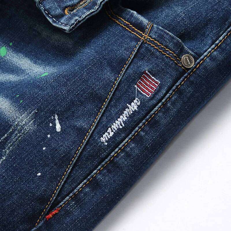 New Paint Spots Ripped Fashion Jeans Men's Splicing Stretch Slim Punk Denim Pants Personality Streetwear Male Trousers Z260225