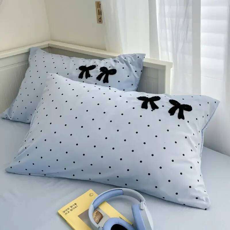 Ins Style Girl Blue 1.5m/1.8m Fitted Bow Towel Bedding Embroidery Washed Cotton Four-piece Set Bed Sheet Three-piece H260311