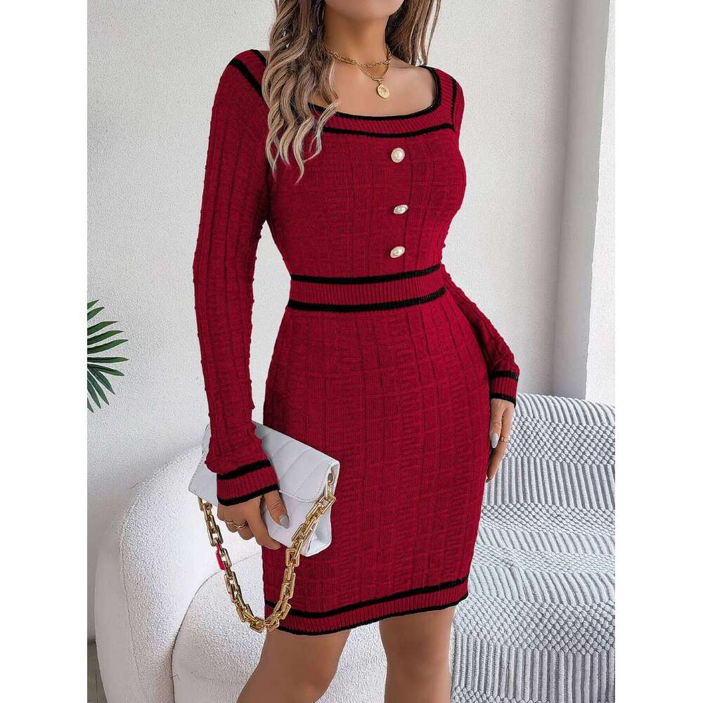 Autumn Winter Casual Elegant Square Collar Button Decoration Knitted Long Sleeve Bodycon Dress for Women Z260311