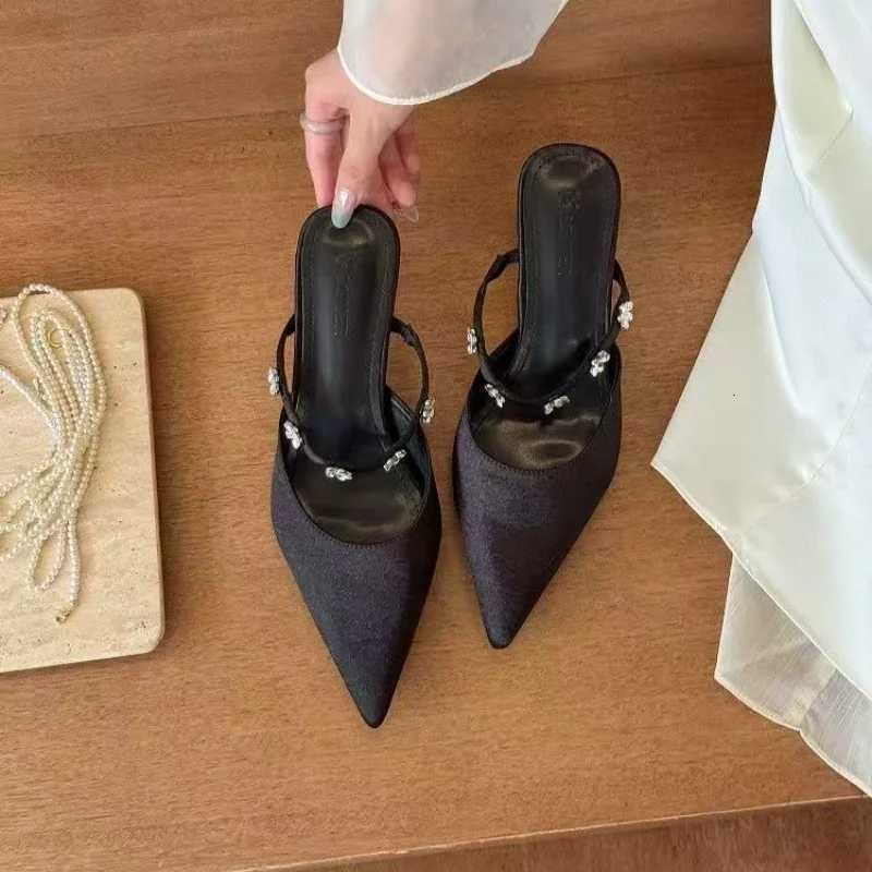 High Quality Satin Heels Women Fashion String Bead Sexy Pointed Slide Sandals Elegant Office Designer Shoes Mule Pumps K260311
