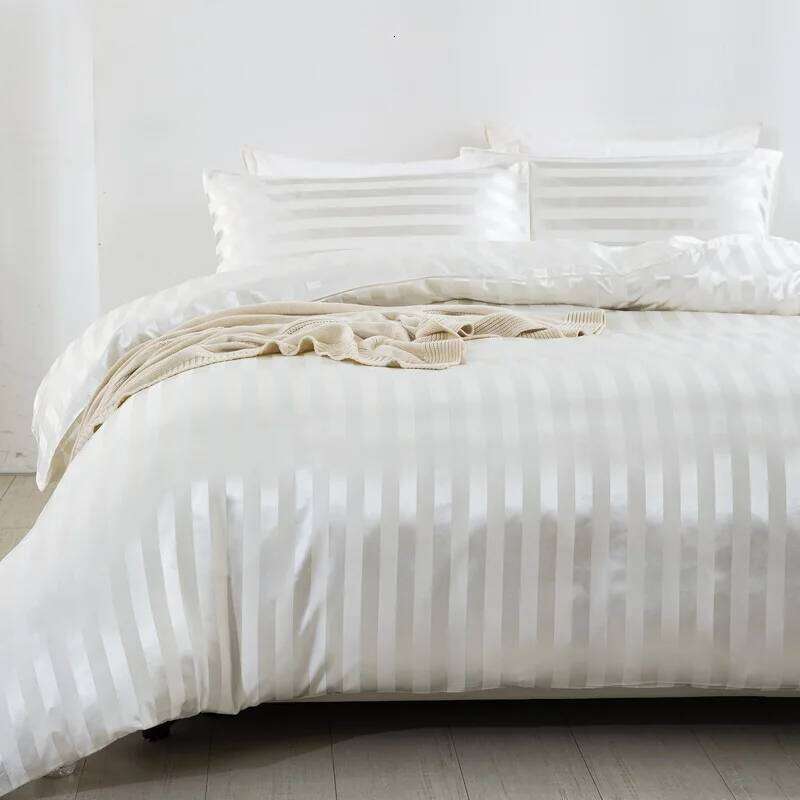 Satin Striped Full/Queen/King/Single/Double Size Set, Silky Like Ivory White Stripe Duvet Cover Bedding Set H260311