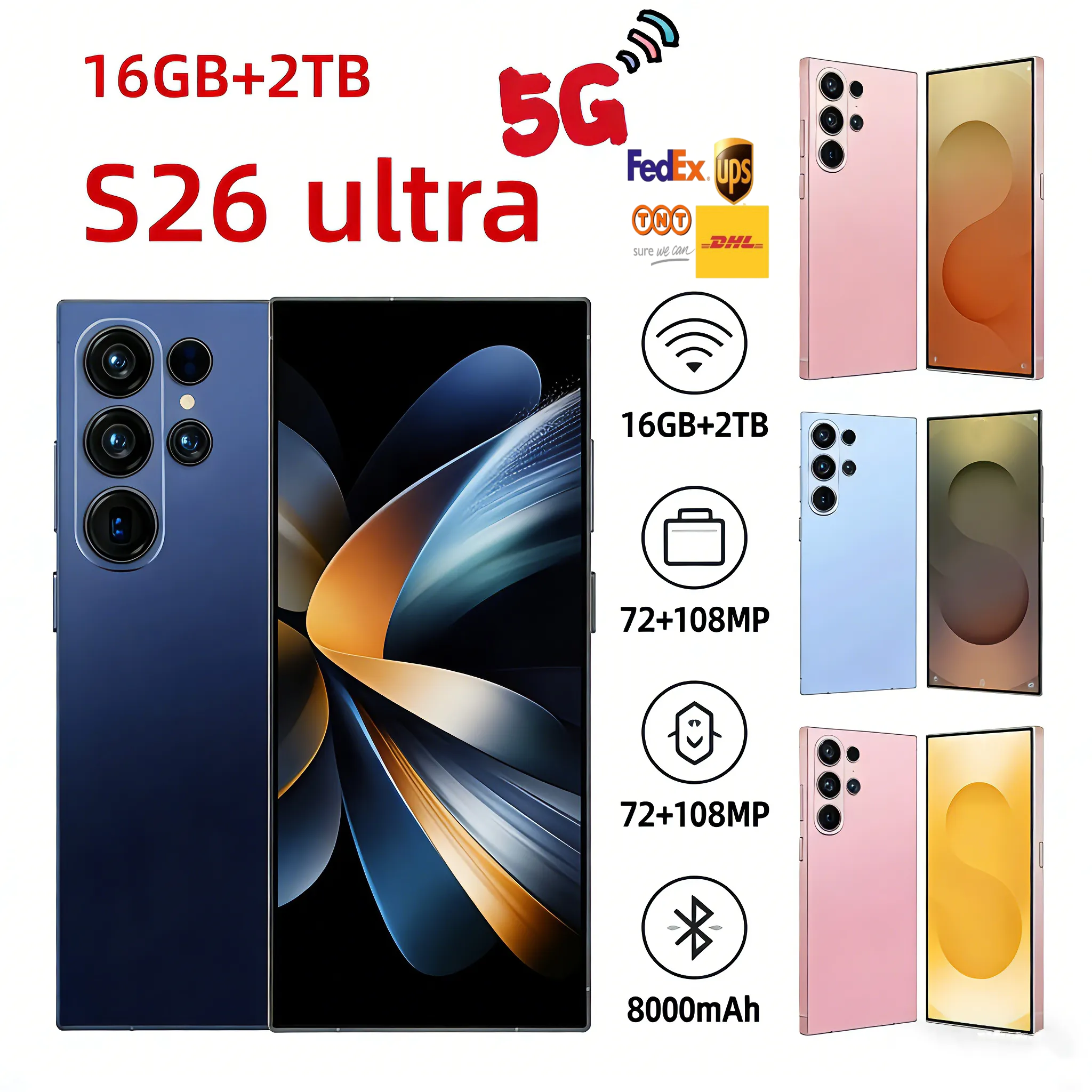 Designer cellphone S25 S26 Ultra i17 Pro Max Orange i16 Android Smartphone Camera Face Phone Unlocked LTE 16GB+1TB HD GPS Mobile Phone Ring Packaging box bag