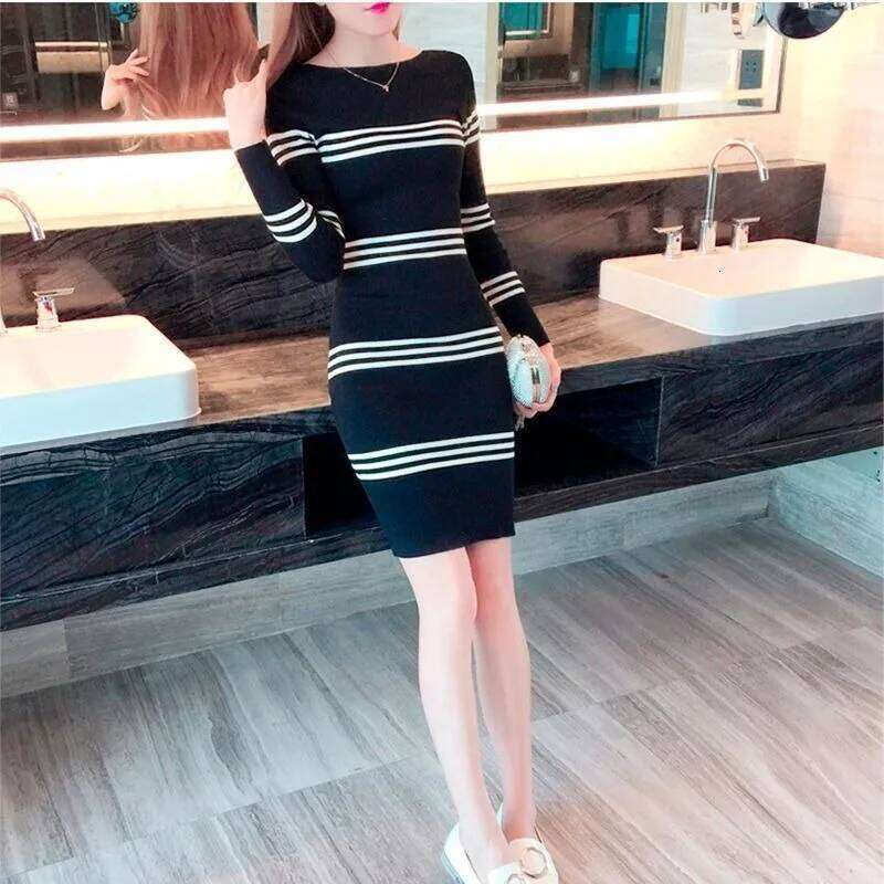 Autumn and Winter Mid-length Knitted Dress Slim Waist Striped Hip-hugging Pullover Sweater Bottoming Skirt for Women Z260311