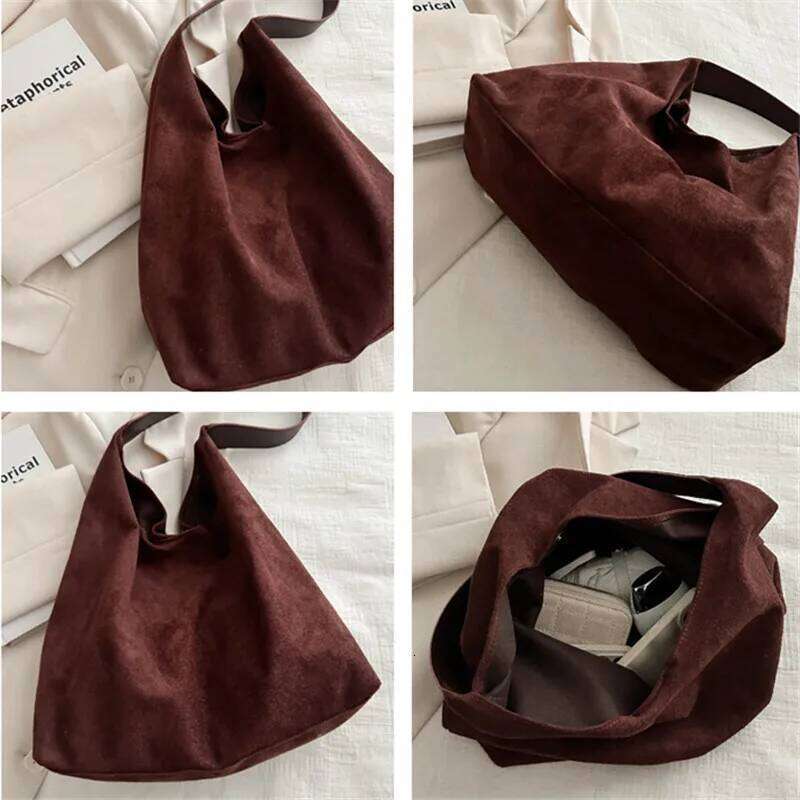 Faux Suede Women's Bag, Fashion Simple Large Capacity Korean Version Trendy Casual Shoulder Armpit Pure Color Retro Tote Bag XJ260311