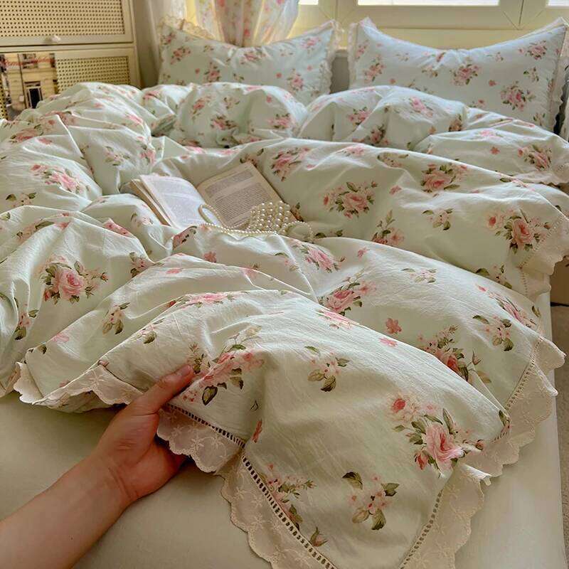 Washed Cotton Duvet Cover Sets Single/Queen/king Flower Printed Bedding Set Princess Style e housse de couette 220x240 with Lace H260311