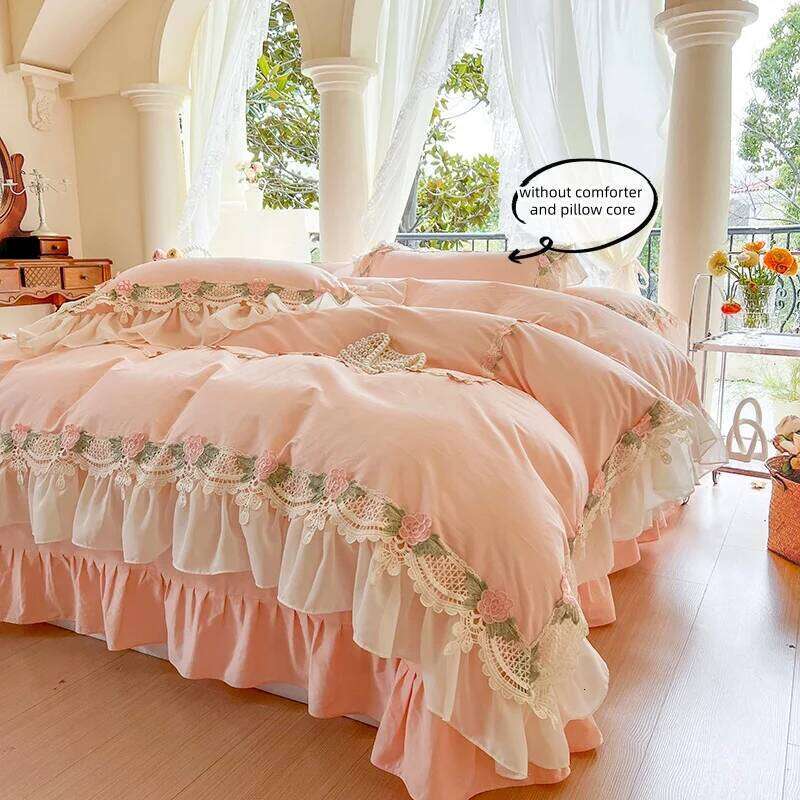 3-Piece Sheet Pink Lace Duvet Cover Set, Comfortable Bedding Set Bedspread for All Seasons H260311