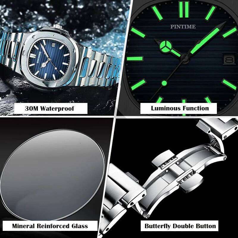 PINTIME Top Brand Luxury Men Quartz Watch Waterproof Date Male Clock Stainless Steel Business Mens Watches Relogio Masculino