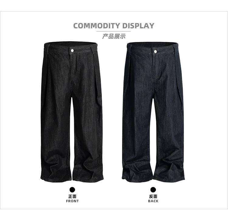 G6859# Unisex Straight Leg Jeans With Pleats Deconstructed Design Raw Denim Pants Z260225