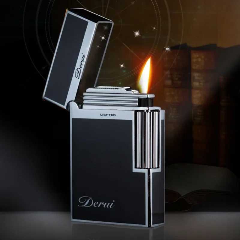 Derui Luxury Side Sliding Bright Sound Inflatable Butane Gas Lighter Metal Gas Open Flame Smoking Accessories Mens Gift Lighter N260311
