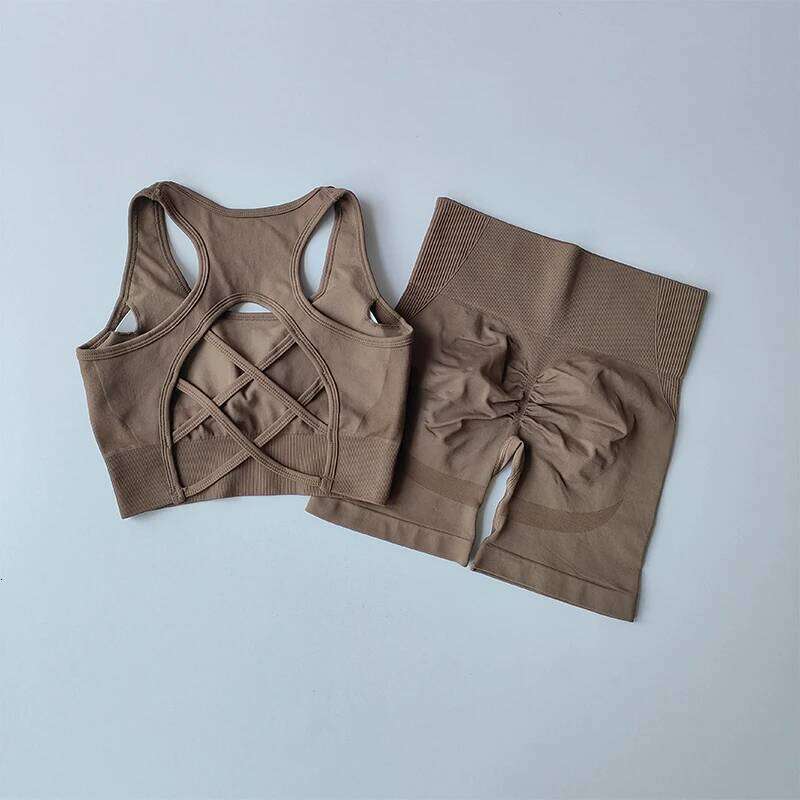 High Waist Hip Lifting Fitness Set for Women with Beautiful Sport Bra Yoga Dress Tight Training and Sports Shorts Suit 26H0311
