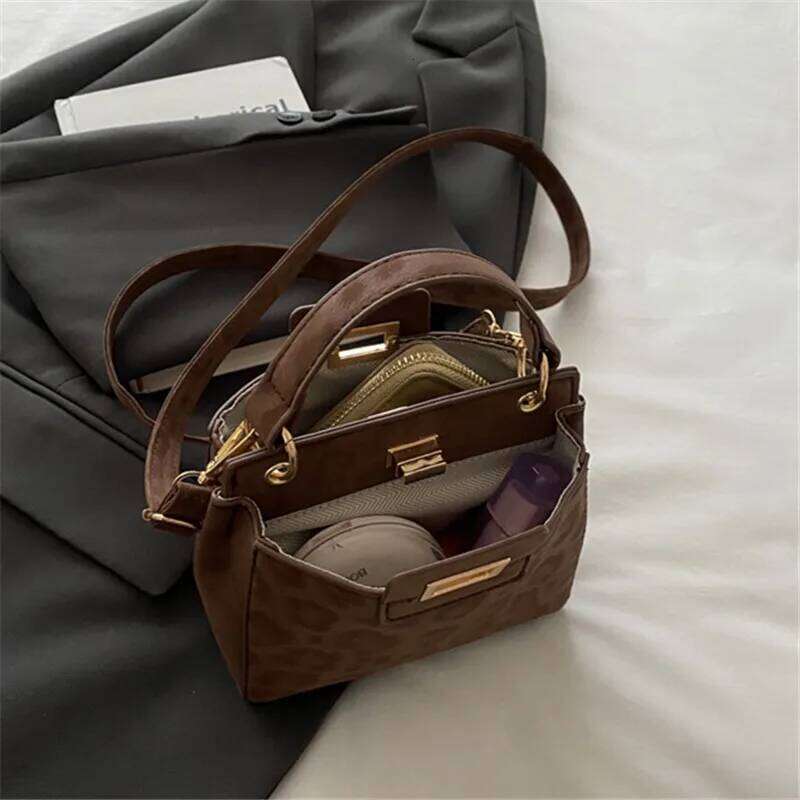 Chic Mini Top Handle Crossbody Bag, Gold Lock Hardware, Versatile Faux Suede & Leather Handbag Shoulder Bags for Women Daily Use XJ260311