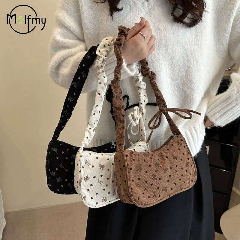 Women Small Underarm Bag Corduroy Handbag Cute Bowknot Print Little Tote Half Moon Design Eco Cloth Purse Mini Shoulder Bags New XJ260311