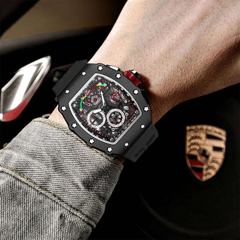PINTIME Men's Watches Hollow Punk Chronograph Sports Fashion Quartz Wristwatch Silicone Strap Luxury Designer Relogios Masculino