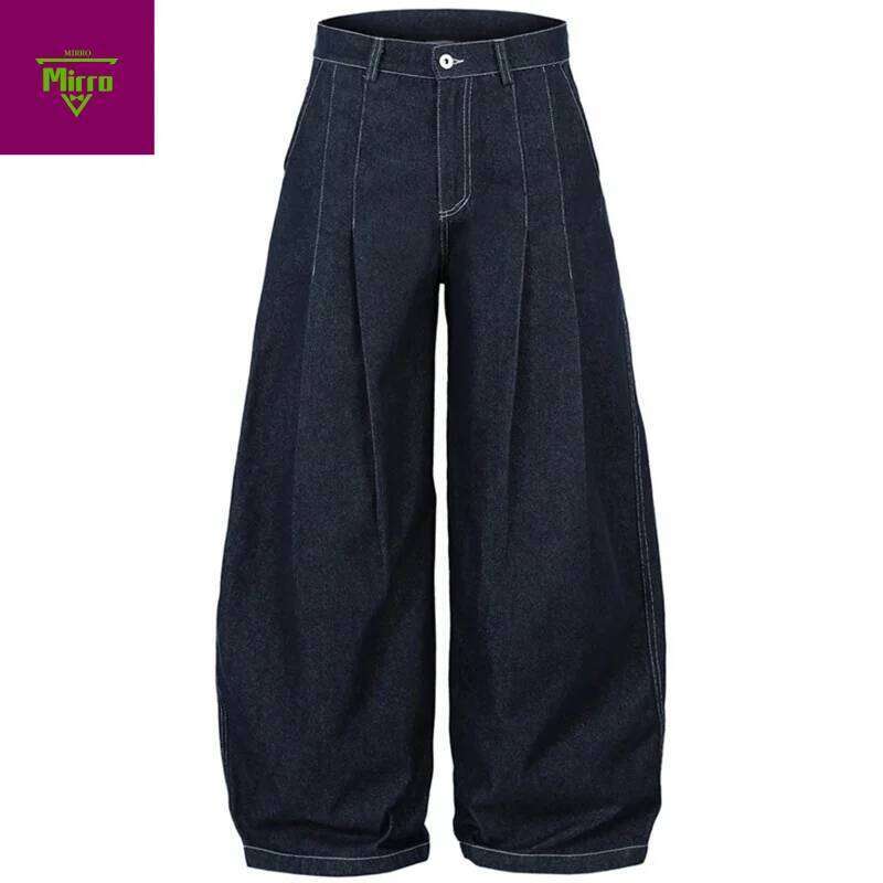 MirrordustPleated Baggy Men Loose Wide Leg Trousers Streetwear Harajuku Hip Hop Jeans Denim Pants Z260225