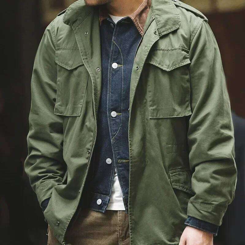 European American Retro Men. Leisure Windbreaker with Multiple Pockets, Workwear Jacket for Spring and Autumn. 26H0311