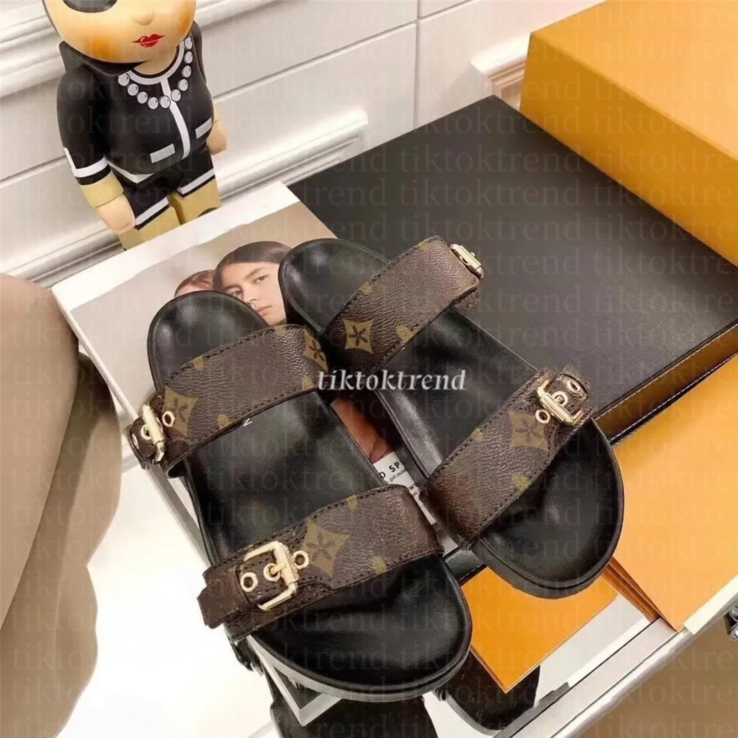 Bom Dia Genuine Leather sandal Slipper Casual Shoe summer beach gladiator Mules hasp Woman top quality Flat Slide Designer Sliders sandale hasp Size Eur 35-45