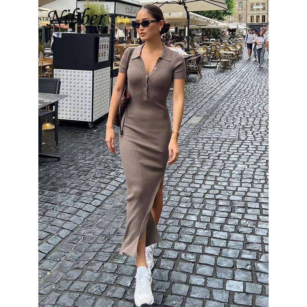 Nibber Solid Color Maxi Dress Summer Clothes For Women Elegent Middle collar Single-breasted Dresses Streetwear Party Travel Z260311