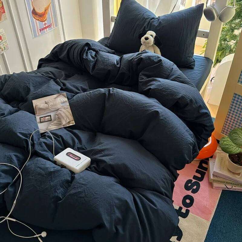 2025 new solid color simple washed cotton bed sheet four-piece machine washable student dormitory three-piece set H260311